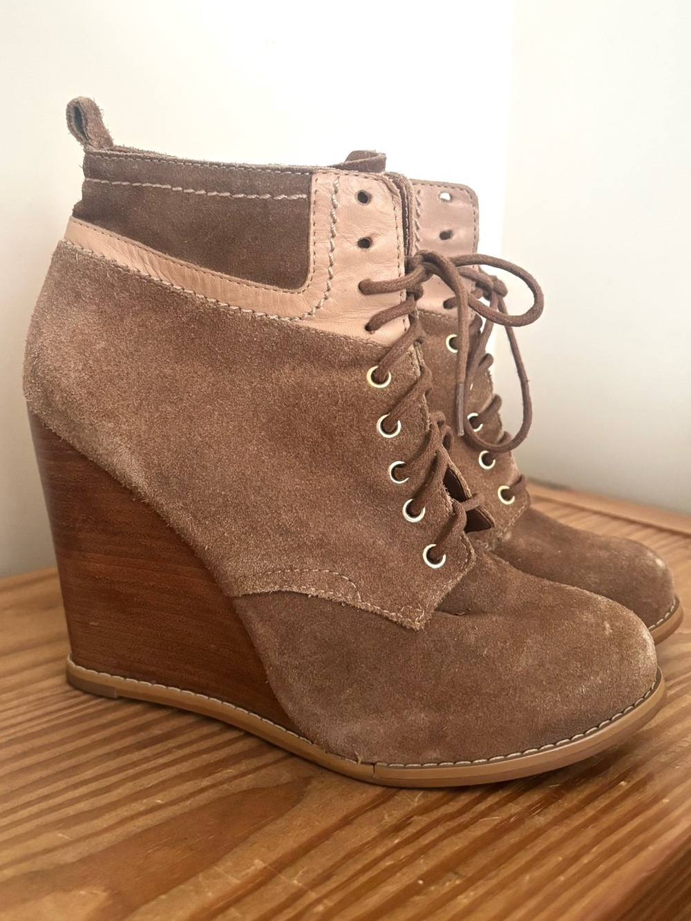 Cynthia Vincent Brown Suede Lace-Up Wedge Ankle Boots
